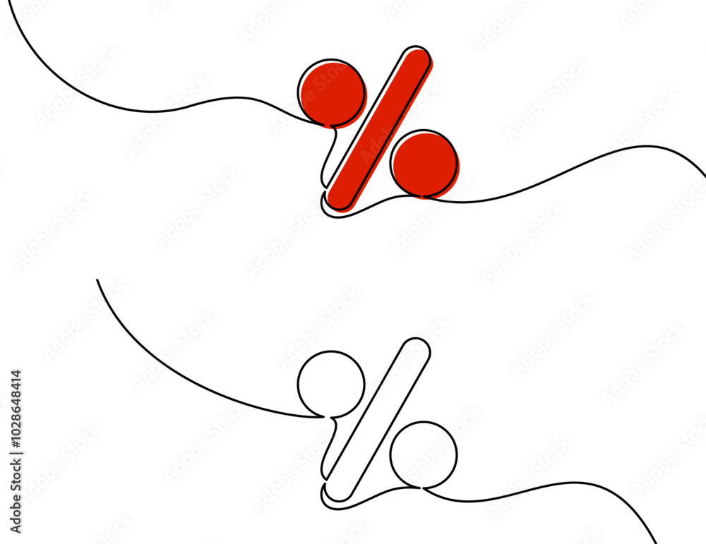 Poster simple line art percentage symbol featuring red and black circles in abstract flow. vector illustrat