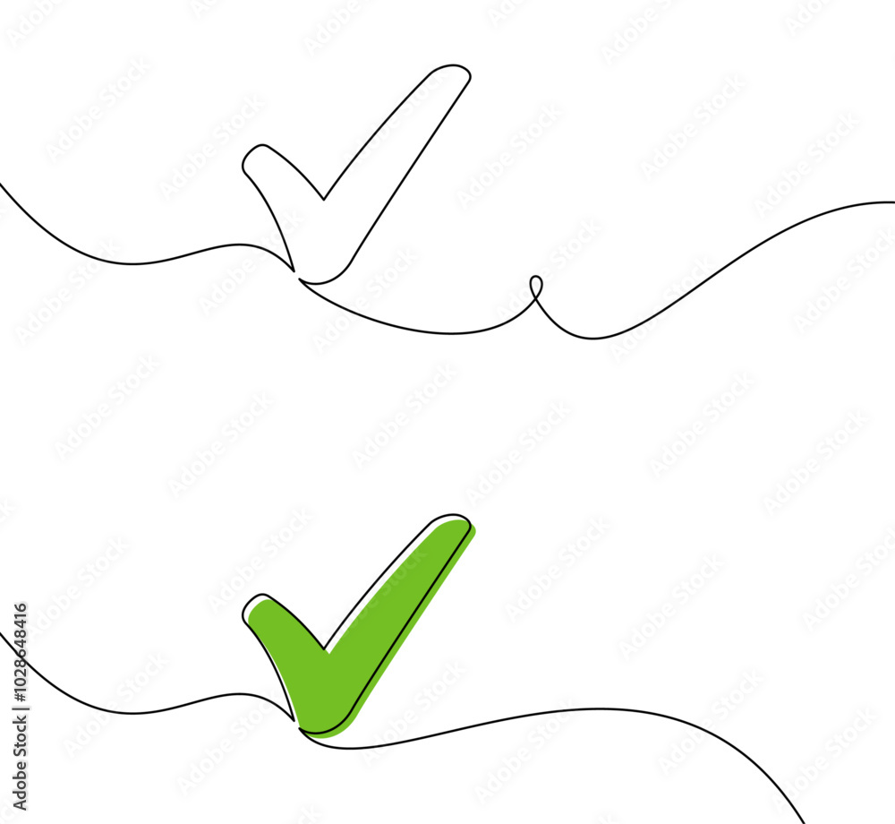 Poster vector illustration of a green checkmark symbol with continuous line design, perfect for approval or