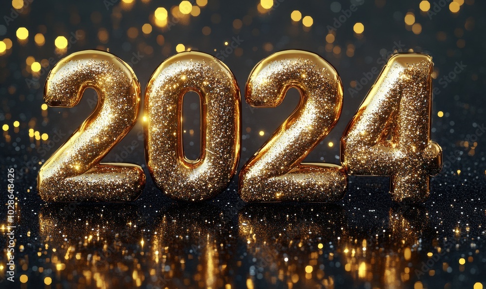 Poster glittering 2024 in golden 3d text surrounded by shimmering bokeh lights on a dark background, symbol