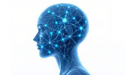Obraz premium This visual depicts a sleek, translucent human head highlighting intricate, glowing connections representing neural pathways, symbolizing advanced artificial intelligence.