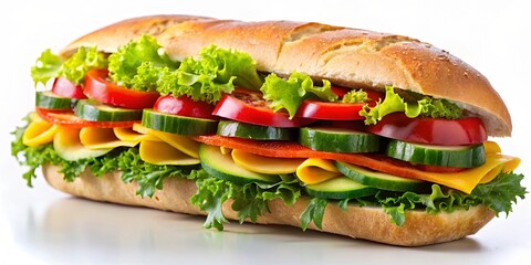 A freshly made baguette sandwich with layers of cheese, tomatoes, cucumbers, and lettuce, a vibrant example of a delicious and healthy meal.