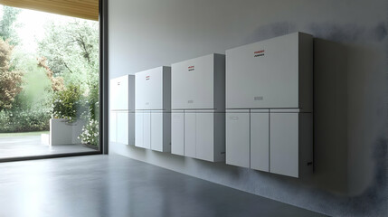 Modern energy storage units mounted on a minimalist wall.