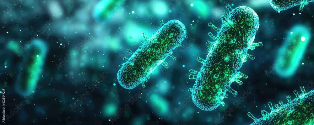 Poster microscopic view of bacteria in a colorful digital environment.