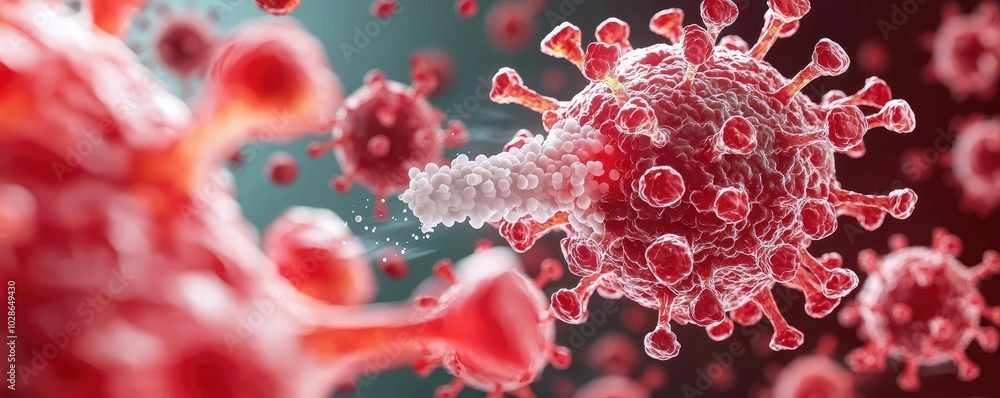 Aufkleber close-up view of virus structure with red details and molecular components.