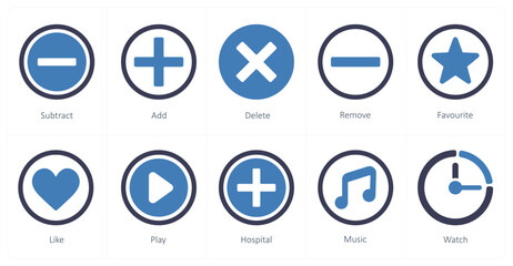 A set of 10 mix icons as subtract, add, delete