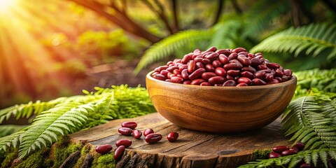 A bowl of vibrant red beans nestled amongst verdant foliage, bathed in the golden glow of sunlight.