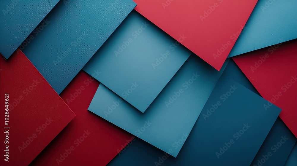 Poster an intricate abstract design with layered geometric shapes in deep reds and blues, forming a complex