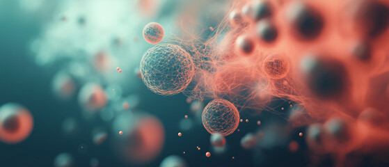 Abstract composition of interconnected spheres and wireframes in soft colors with a sense of depth