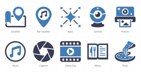 A set of 10 mix icons as location, bar location, blast