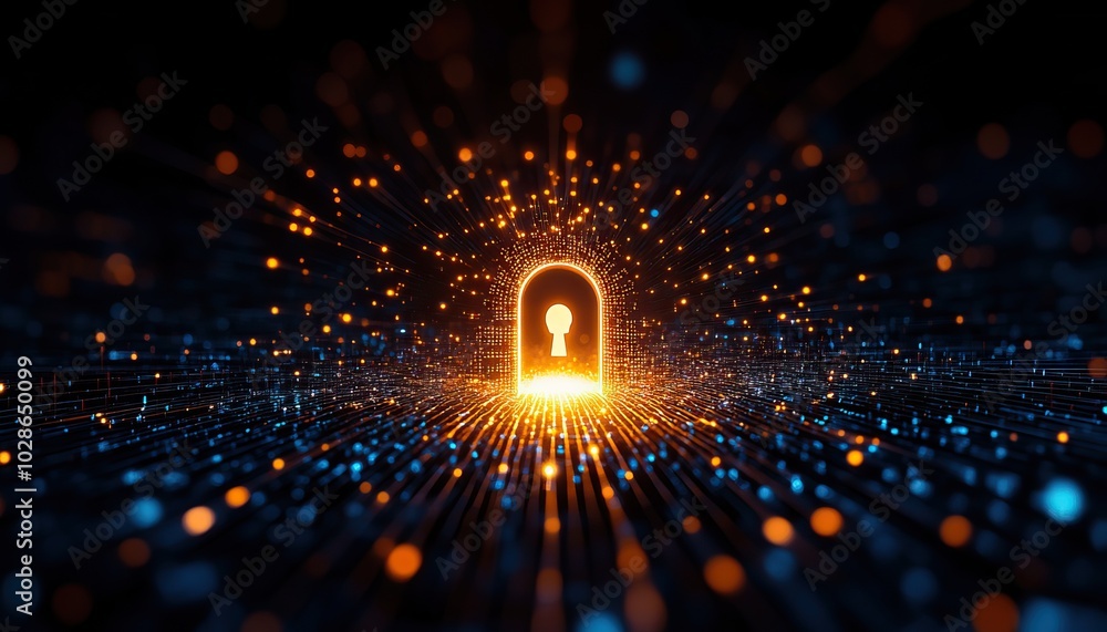 Wall mural a glowing keyhole surrounded by vibrant particles symbolizes security and access to information.