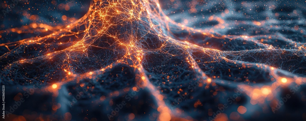 Poster Abstract digital landscape with glowing lights and interconnected network patterns.