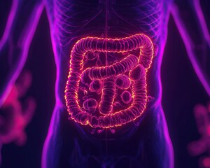 Naklejka premium A vibrant illustration of a human digestive system with glowing intestines, set against a dark background.