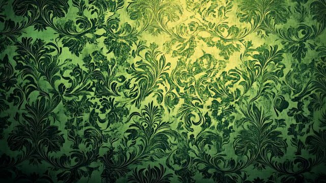 A close-up of a green damask pattern with faded spots, perfect for a vintage aesthetic