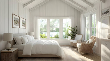 Fototapeta premium Bright and airy bedroom with natural light and minimalist decor.