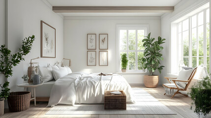 Cozy, modern bedroom with plants and natural light.