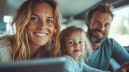 A cheerful family of three enjoys a joyful moment together, sharing warmth and happiness. The close-knit family beams with brightness, capturing a genuine smile.