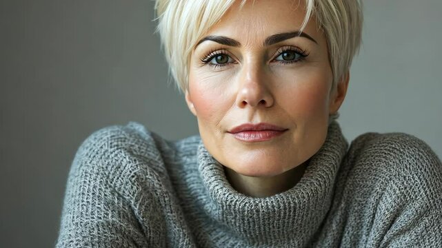 A woman with short, blonde hair looks directly at the camera while wearing a gray sweater