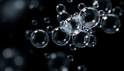 Bubbles floating in dark space with bright reflections during nighttime