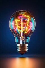 Illuminated vintage light bulb with neon glow