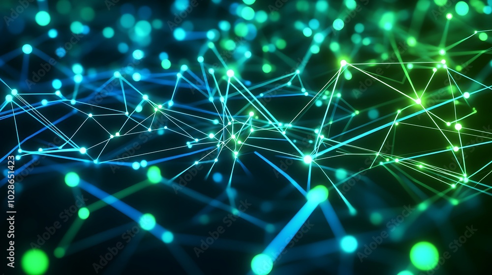 Poster Abstract background with glowing lines and dots in green and blue colors.