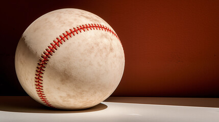 close up view of baseball resting on surface, showcasing its textured surface and red stitching against warm background. giving a sense of nostalgia and passion for sport game concept
