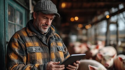 Fototapeta premium Real Photograph of a Farmer Using a Tablet While Observing Pigs in a Pen on a Farm