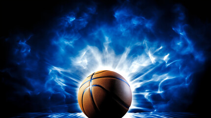 basketball illuminated by radiant blue glow, surrounded by dynamic swirling energy, creates intense and captivating atmosphere. excitement and passion for sport game concept