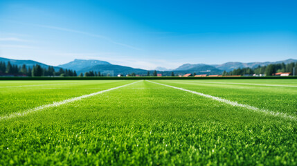 Naklejka premium wide shot of pristine soccer field with vivid green grass under clear blue sky, surrounded by mountains and serene landscape