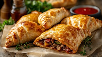 A batch of golden-brown pastries with a flaky crust, revealing a hearty meat and vegetable filling, surrounded by aromatic herbs and sauce on a rustic wooden table.