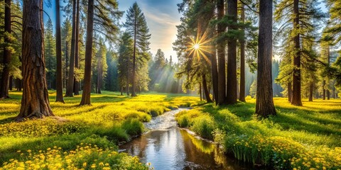 Golden Sunbeams Filtering Through the Trees, Illuminating a Stream Winding Through a Meadow of Vibrant Yellow Flowers