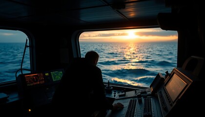 Fototapeta premium A mariner observes a sunset over the ocean from a ship's control room