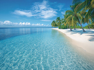 Fototapeta premium A clear blue ocean with white sandy beach under a blue sky. Palm trees on the beach.