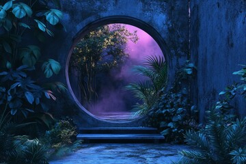 Enchanted Night Garden Portal with Lush Green Foliage and Soft Purple Misty Glow