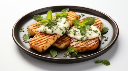 Grilled halloumi cheese with a creamy sauce and mint garnish on a brown plate.