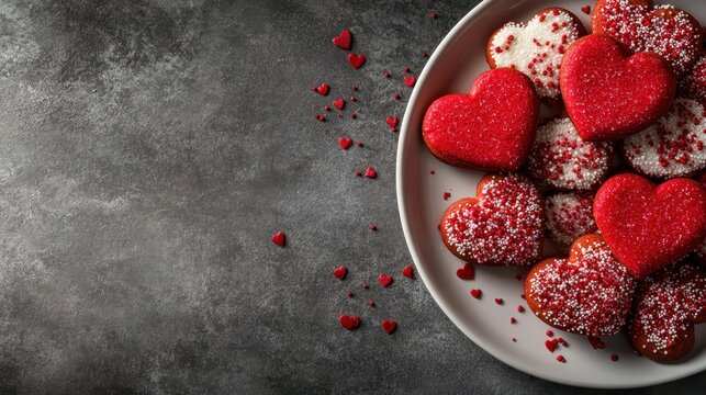 A striking display of heart-shaped cookies, vibrant in red and white, sprinkled with sugar, artistically arranged on a plate against a dark background.