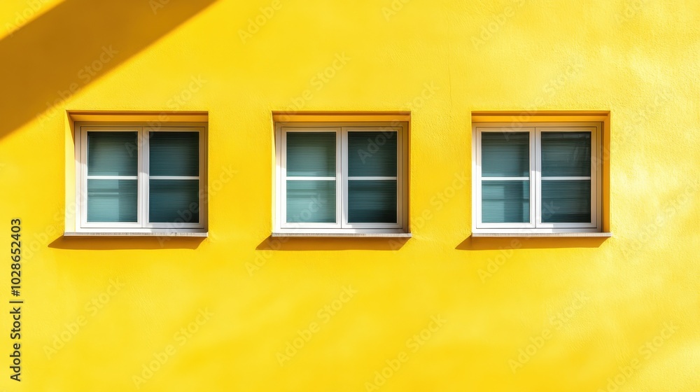 Poster a vibrant yellow building wall featuring three equally sized windows, each with white frames and bli