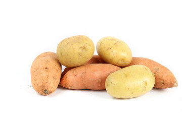 raw potatoes and sweet potatoes isolated on white 