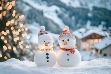 Fototapeta premium Two Cheerful Snowmen in a Snowy Winter Landscape