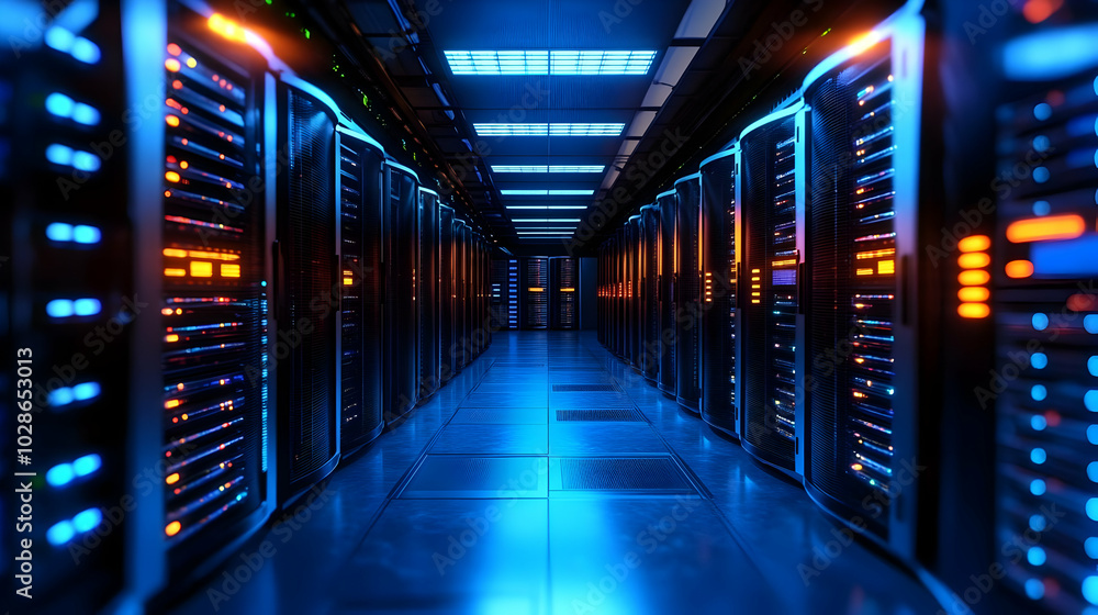 Poster data center corridor with illuminated server racks and blue lighting.