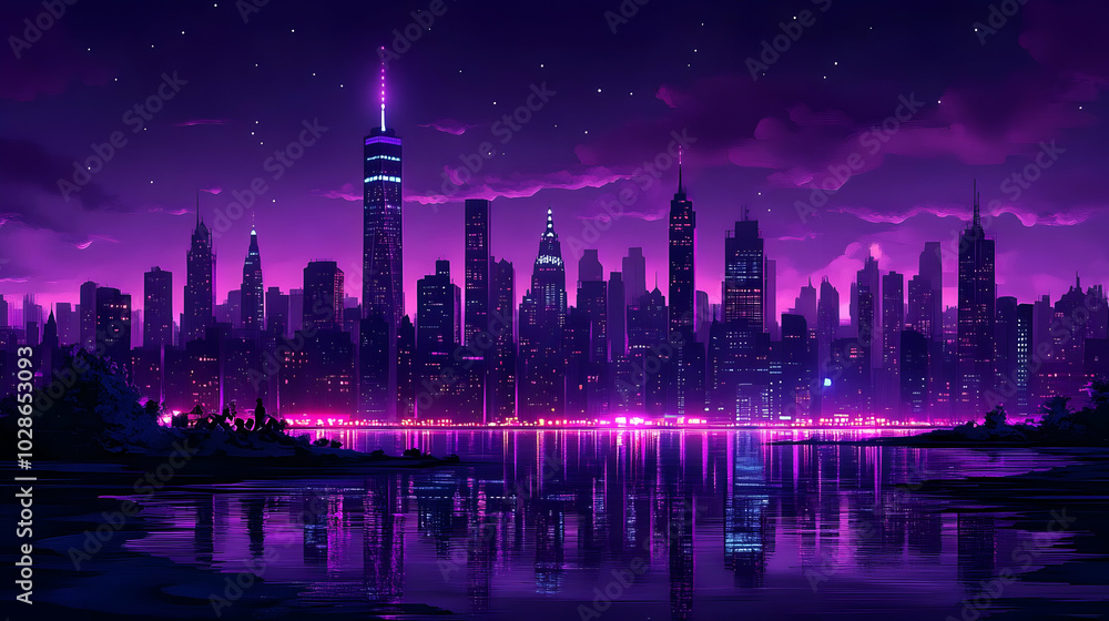 Sticker Vibrant city skyline at night with purple hues reflecting on water.