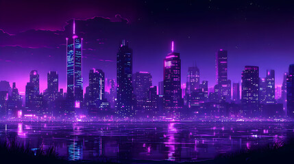 A vibrant city skyline at night with purple and pink hues.