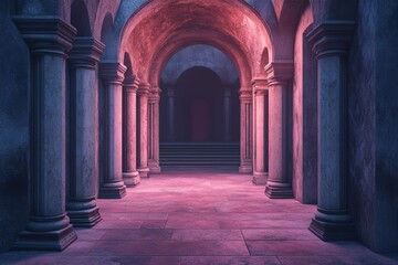 Mystical Hallway with Pink and Blue Lighting and Arches
