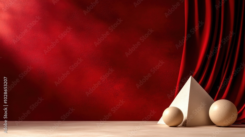 Poster geometric shapes set against a deep red background are dramatically lit by soft drapes, creating a s