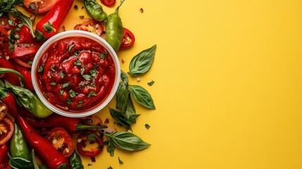 A lively composition featuring a bowl of chili sauce garnished with herbs, surrounded by colorful red and green chilies on a bright yellow background, celebrating flavor.