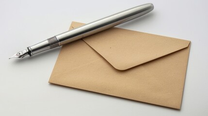 A silver fountain pen resting on a brown envelope