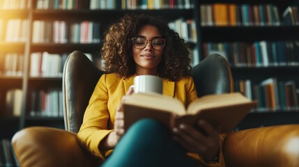 In a comfy chair, a woman wearing a yellow suit reads an enjoyable book while savoring coffee, combining relaxation and intellectual pursuit in a library setting.