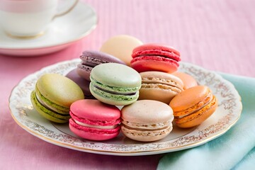 Obraz premium Colorful macaroons arranged on a white porcelain plate, showcasing a delightful assortment of French desserts.