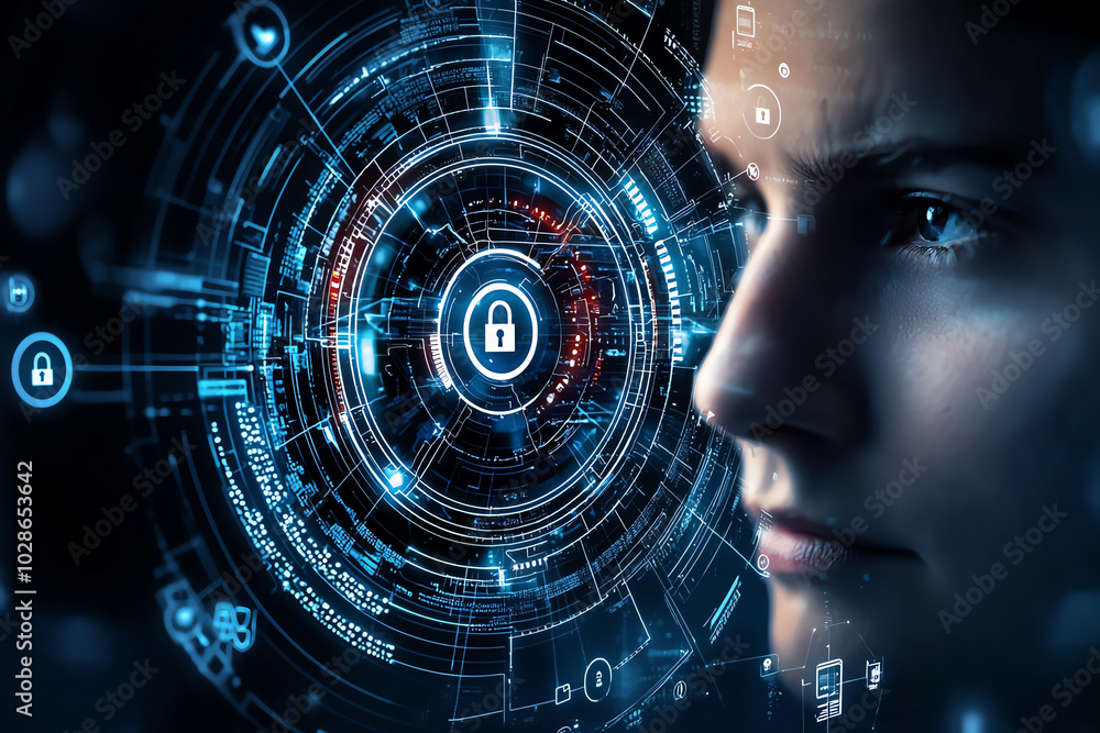 Aufkleber close-up of a man's face with digital security interface in background.