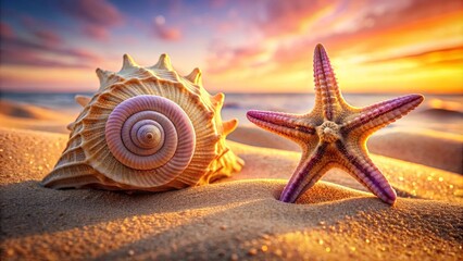 A seashell and a starfish, resting together on a beach, bathed in the golden light of a setting sun.