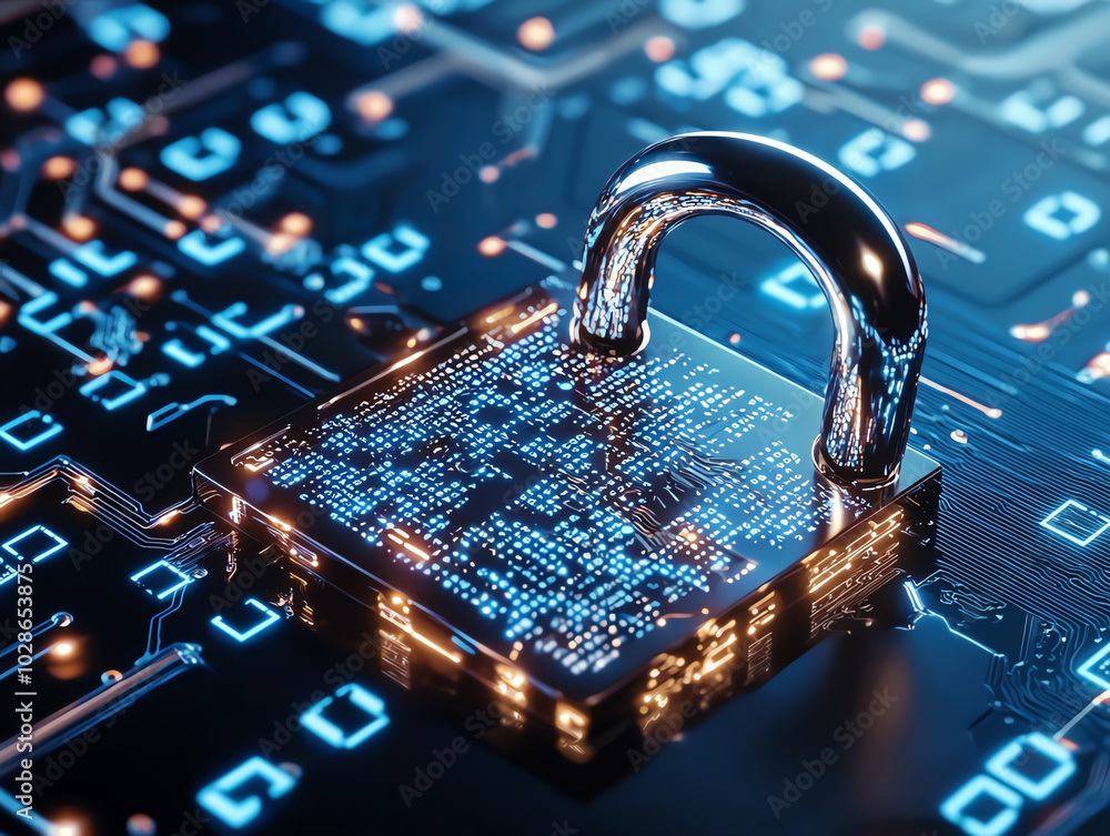 Poster digital padlock on a circuit board, symbolizing cybersecurity and data protection.